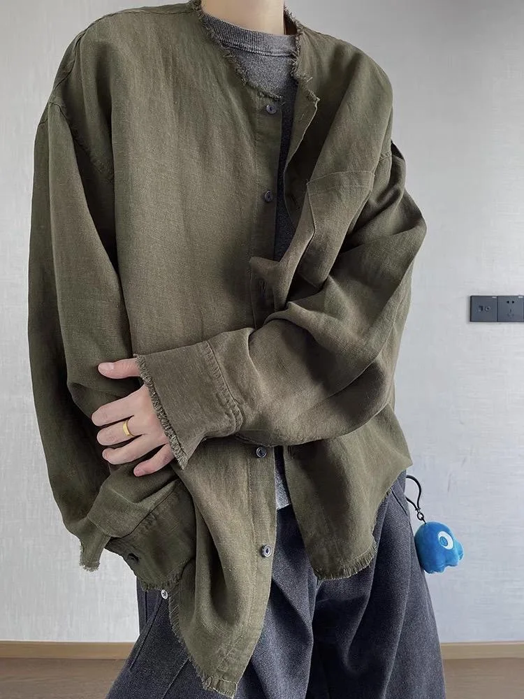 

een Retro Frayed Hem Linen irt Men Summer Loose Lazy Sle Long Sve Cleanfit Sun Protection Coat Youth Faion Casual ...