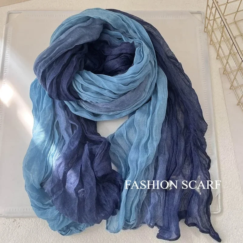 

Новый женский модный шарф из хлопка и льна, плиссированный шарф с градиентным принтом, многофункциональная длинная шаль в стиле ретро двойного назначения