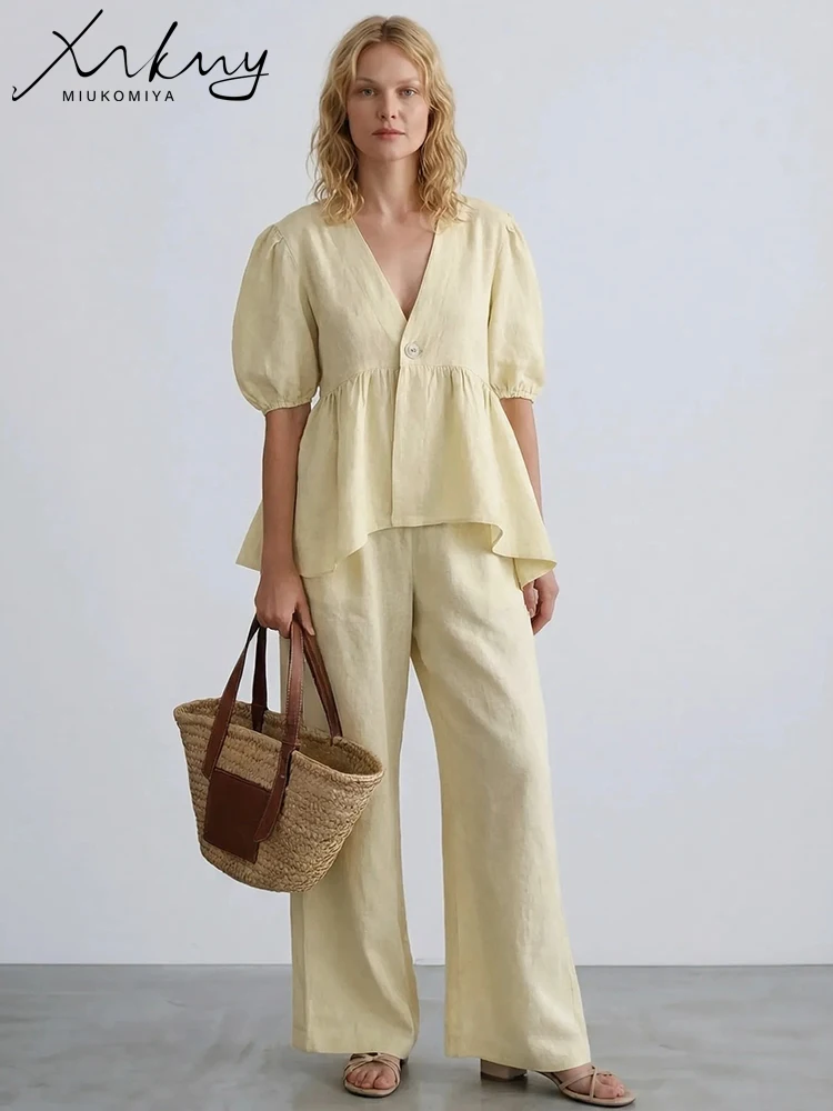 

Women's Pure Cotton Casual Set 2 Pieces Spring Summer Solid Puff Sleeve One Button V-Neck Top Elastic Waist Pants Sets For Women