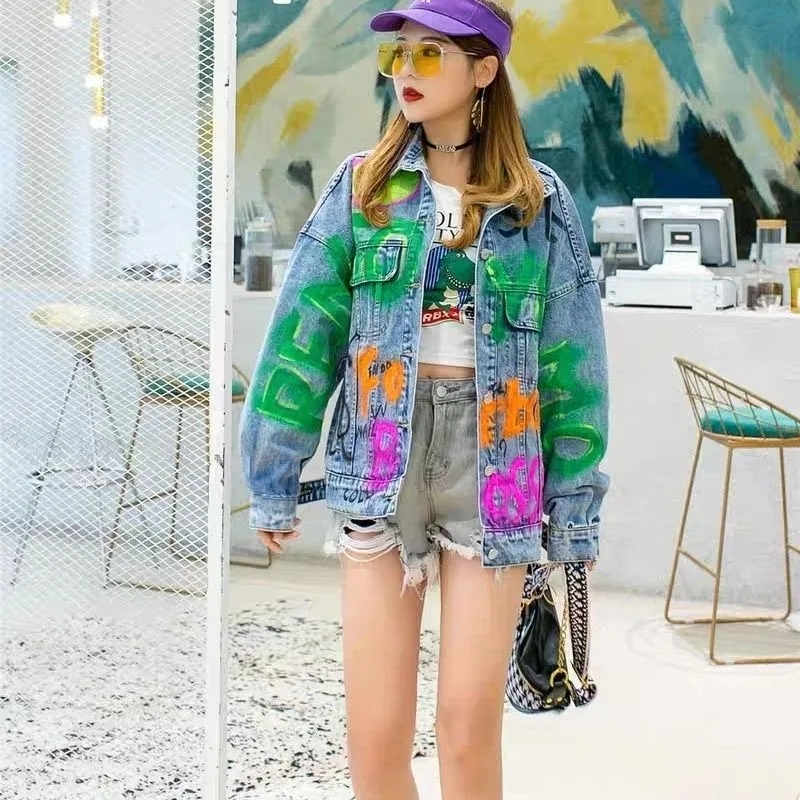 

Women's Clothing Denim Coat Autumn Loose Blue Jean Jacket Woman Short Korean Heavy Duty Retro Thailand New Graffiti Versatile