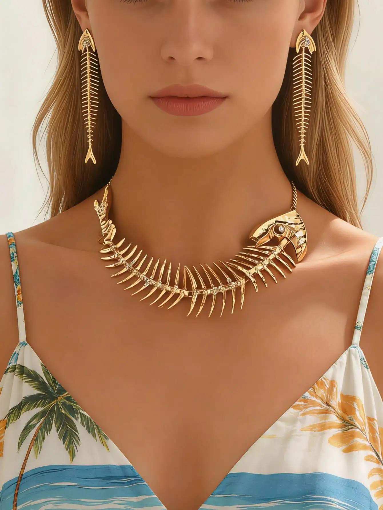 

Golden Fishbone Design Necklace And Earrings Set 2 Pieces Exaggerated Ear Jewelry Versatile Gift Accessories with Unique Style