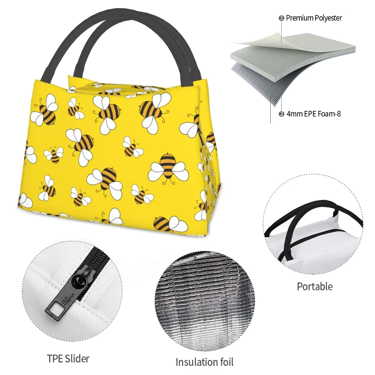 Insulated Lunch Bag With Bee Design - Reusable, Polyester Tote For Work, Picnics & Travel Lunch Boxes, Bento Boxes