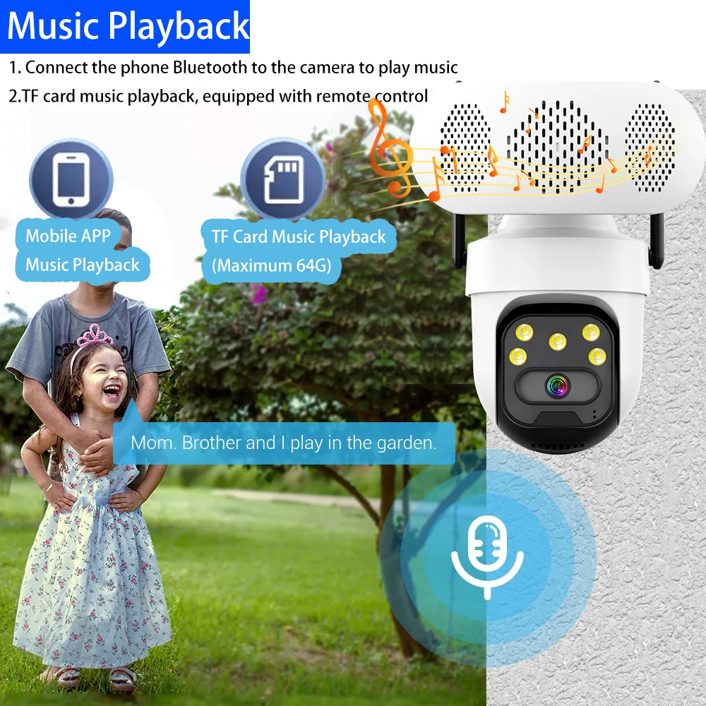 5MP ICSee WiFi IP Camera Bluetooth Loud Speaker Music Player Outdoor Wireless Security PTZ Camera Human Detection Auto Tracking