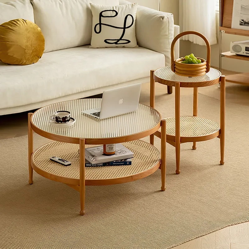 Japanese Rattan Coffee Table Square Double Layer Solid Wood Side Table Small Round End Table for Living Room Apartment Home