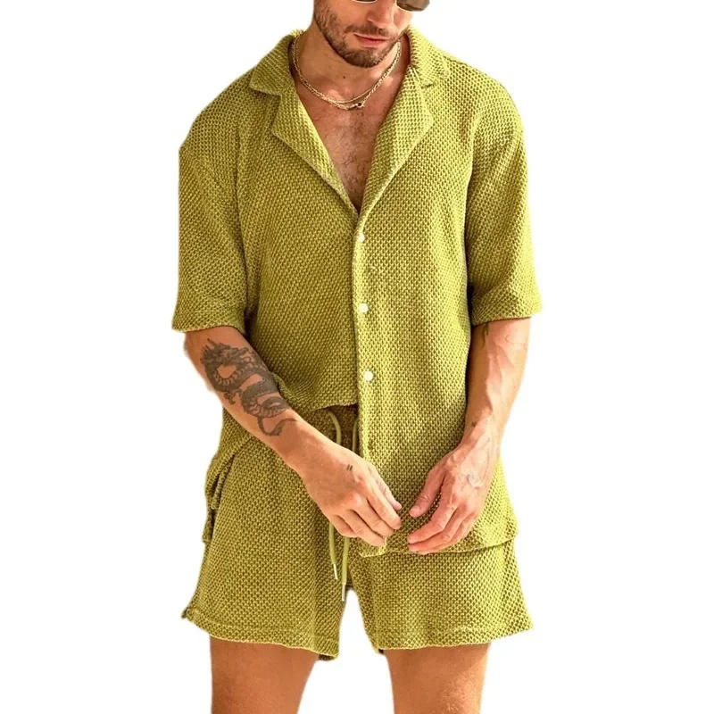 2026 Summer New Casual Suit Slim Fit Lapel Short Sleeve Button Shirt Top Drawstring Shorts Men's Summer Clothes