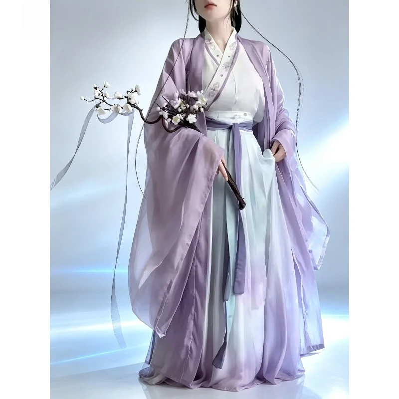 レディース向け、ヴィンテージ風グラデーションパープルの漢服ドレス。中国風ハロウィンカーニバルやコスプレパーティーに最適。プラスサイズ対応。