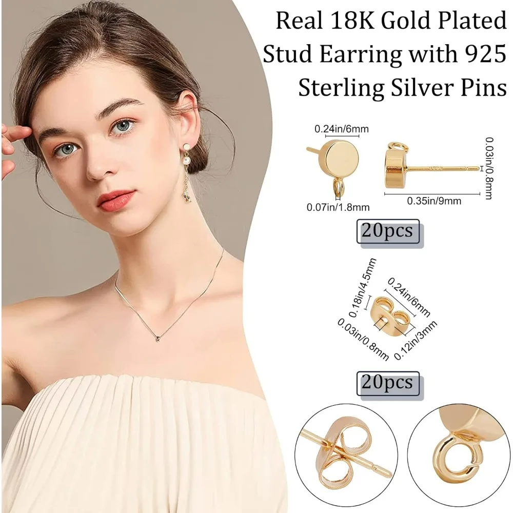 20Pcs 18K Gold Plated Stud Earrings 925 Sterling Silver Pins, Small Flat Round Earring Posts with Loop and Butterfly Earring