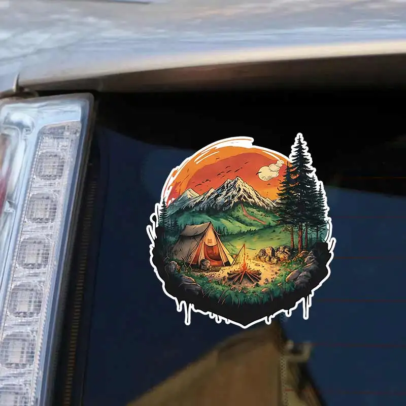 1pc 2D Flat Camping Mountain Landscape Vinyl Stickers, Waterproof Decal For Car Laptop Water Bottle Decor, Holiday Gift