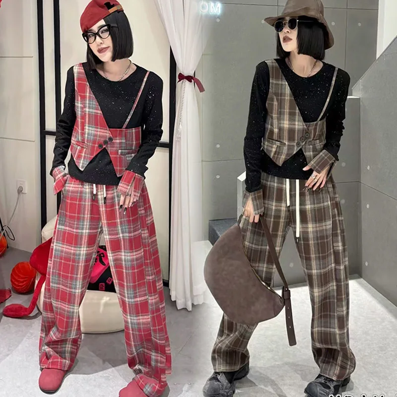 

Spring autumn fashion plaid two-piece set for women round neck fake two-piece top pants set trendy 2025 New Streetwear Suits