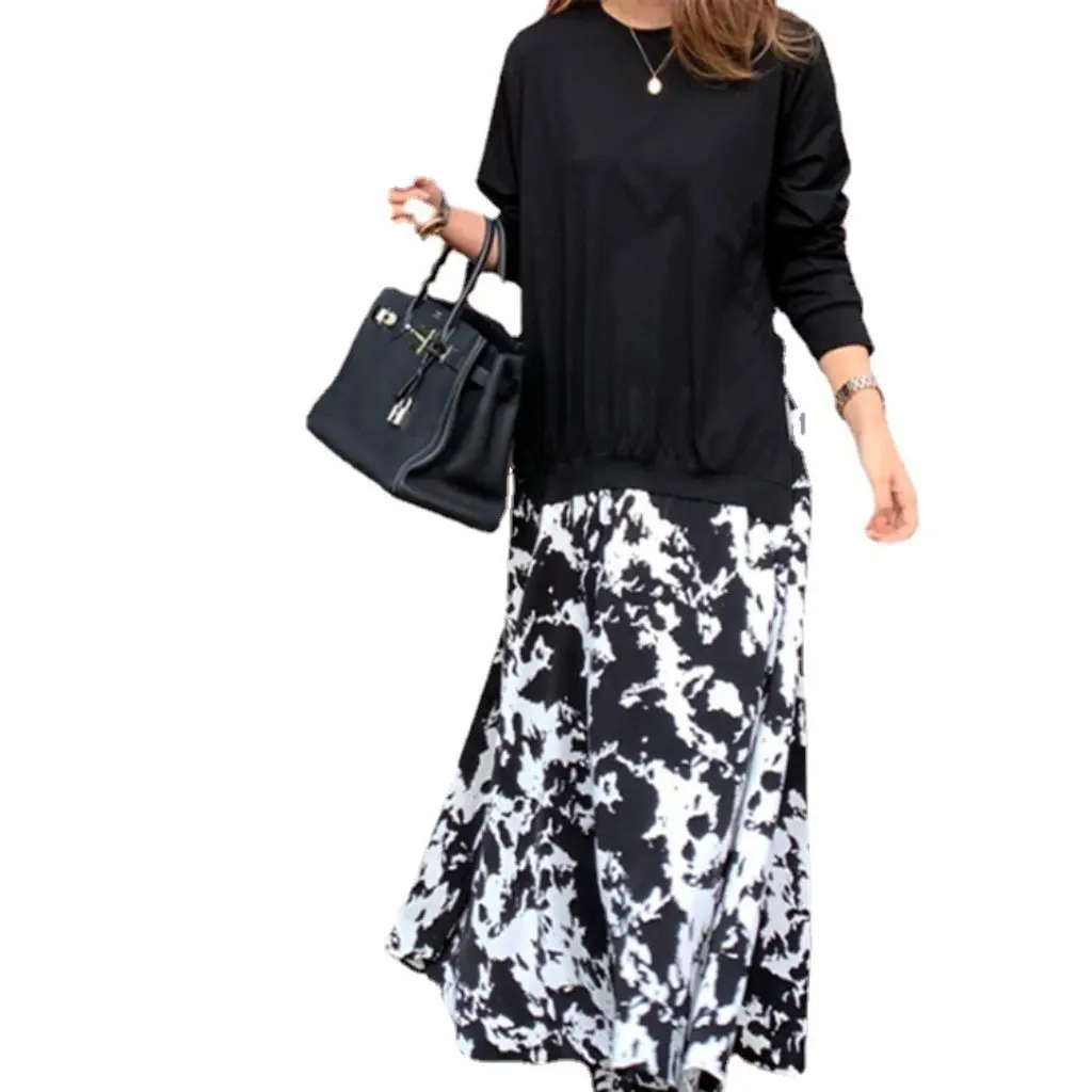 

Plus-Size Women's Patchwork Print Long-Sleeve T-Shirt Large Hem Dress round Neck Faux Two-Piece Long Dress