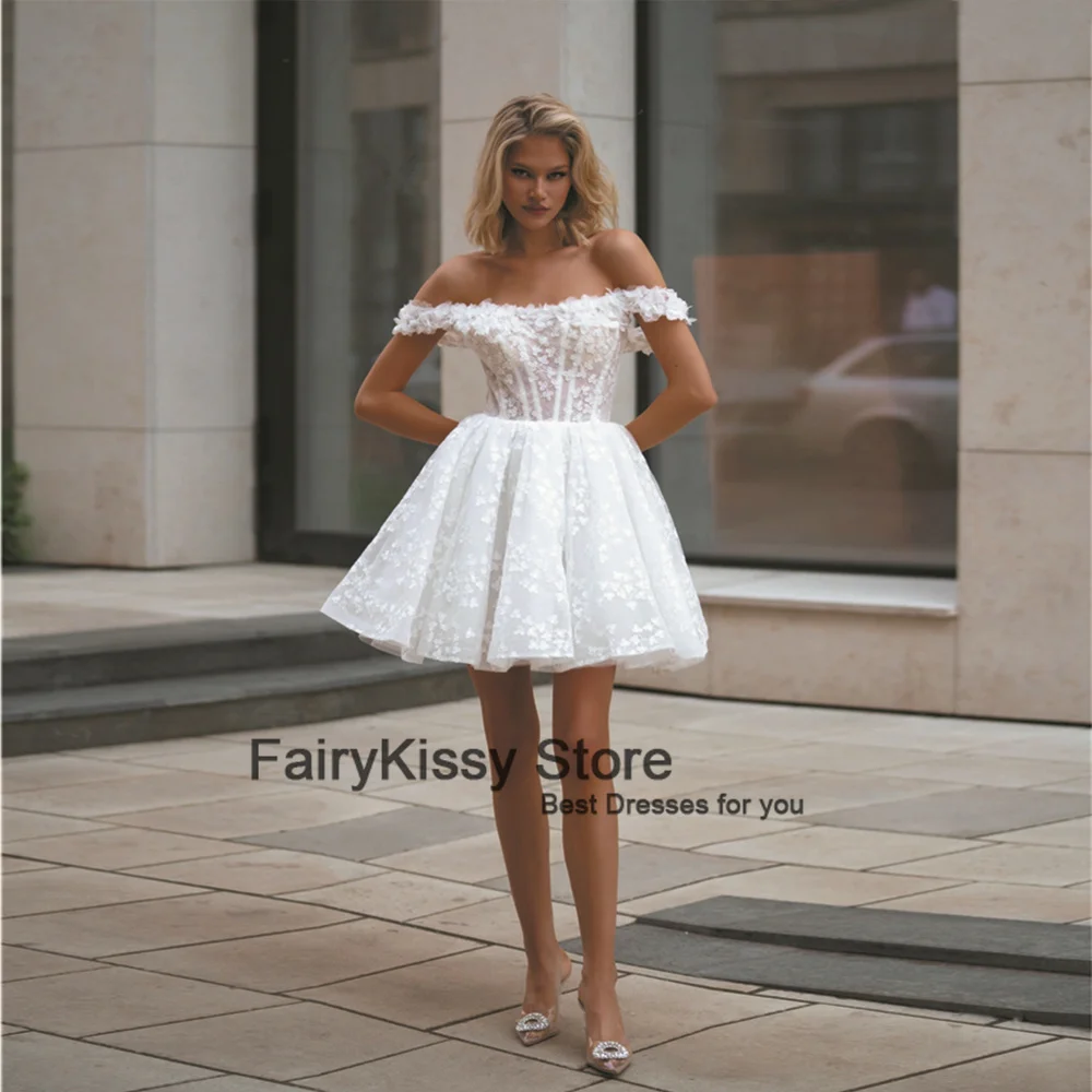 フェアリーキッシー レース アイボリー ウェディングドレス オフショルダー 長袖 ショート ブライダルドレス Aライン ボタン ミニドレス 女性用 2025 ローブ