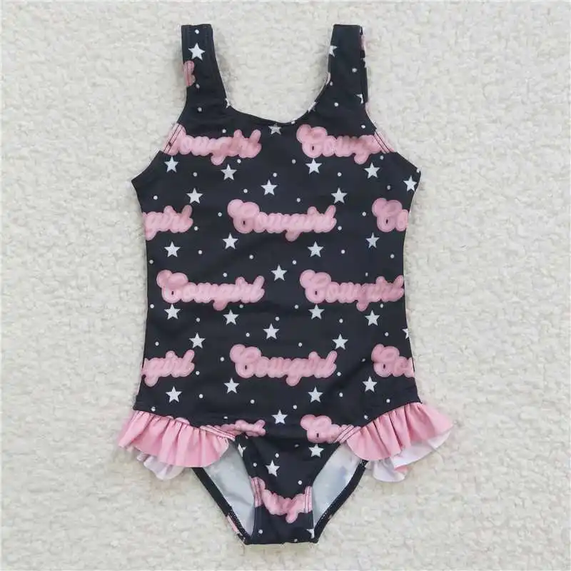 New Fashion Baby Girls Cowgirl Star Navy One Piece Swimsuit Wholesale Boutique Children Beach Clothes  RTS Fast TAT