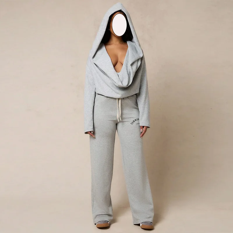 

Fashionable temperament, personality, versatile women's clothing, solid color swing collar, hooded long sleeved sweatshirt