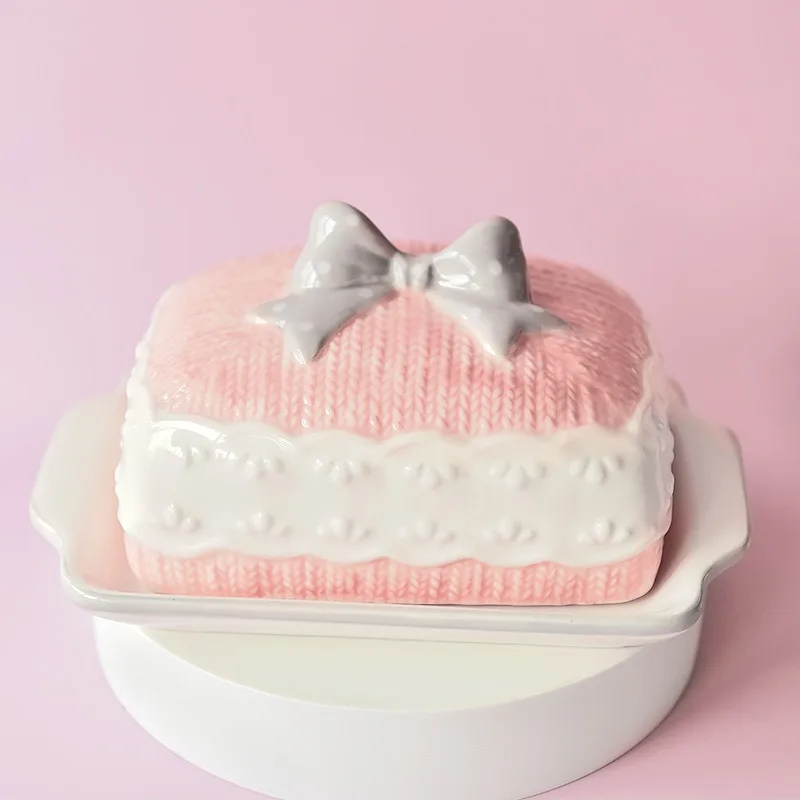 

Ceramic Butter Dish with Cover Pink Bow Butter Container Butter Storage Box Home Dining Room Restaurant Freezer Hotel Kitchen