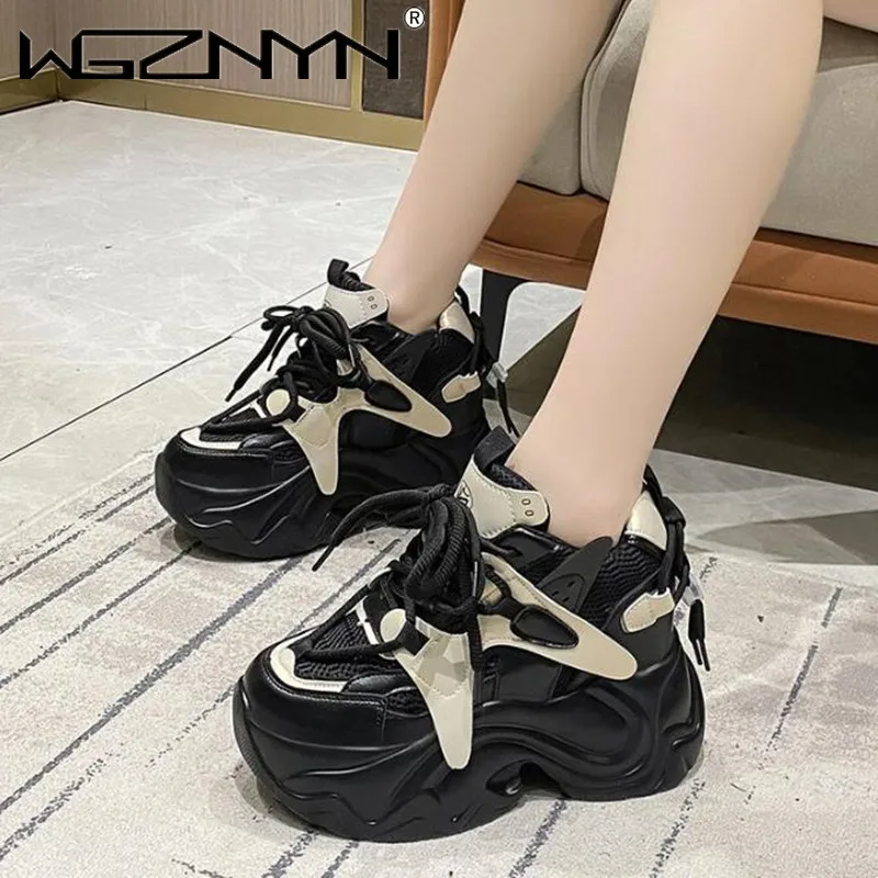 

NEW Women High Platform Non-slip Sneakers Spring Vulcanized Shoes 10CM Thick Sole Leather Casual Shoes Chunky Dad Sport Sneakers