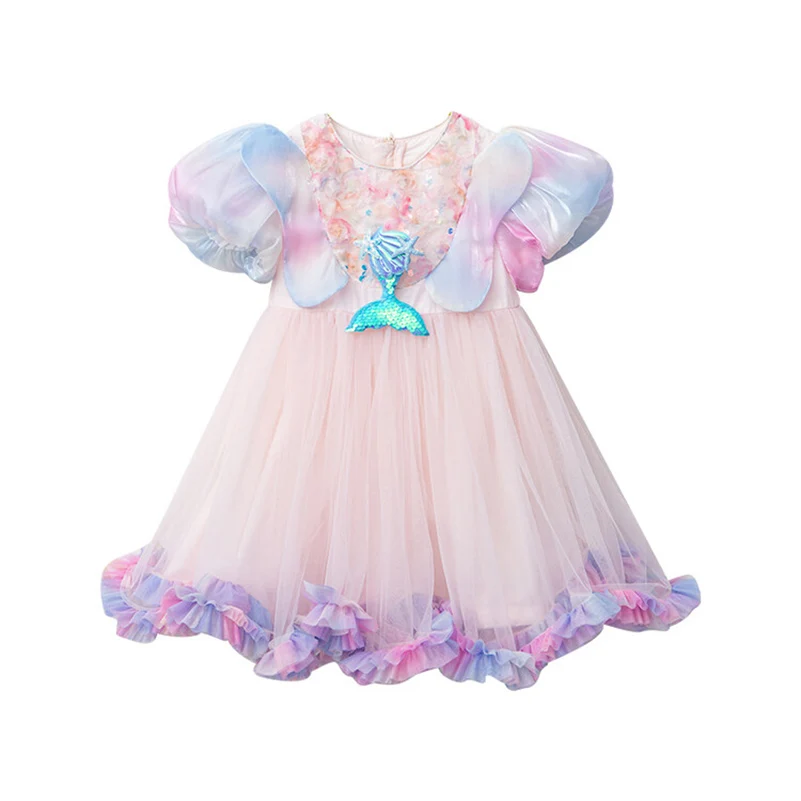 Summer Beach vacation dress Girls  Sweet Kids Clothes puff sleeve Princess Mermaid Dresses for Girs children Party Dance Skirts