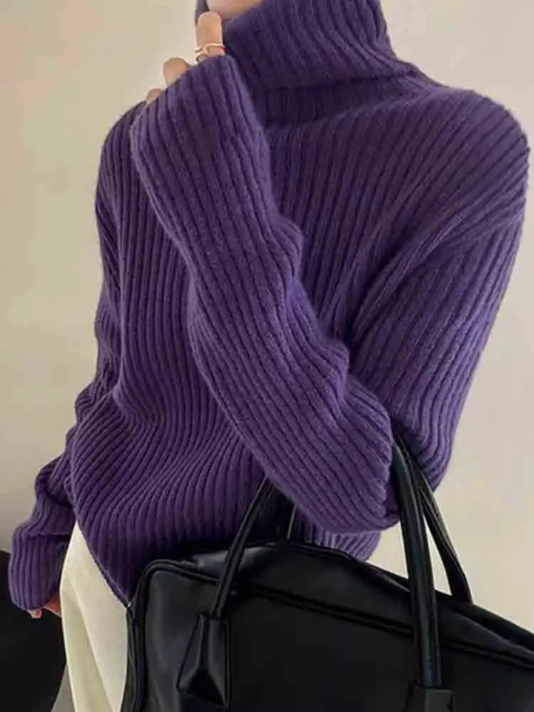 

Faionable High Ne Long Sve Pure Color Striped Knitwear Korean Sle Slimming Top Sli Casual Ele Design