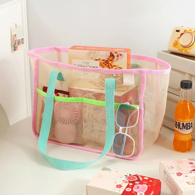 Large Capacity Mesh Beach Bag Handheld Swimming Bathing Dripping Korean Style Travel Storage Bag Multi Purpose Nylon Cube Shape