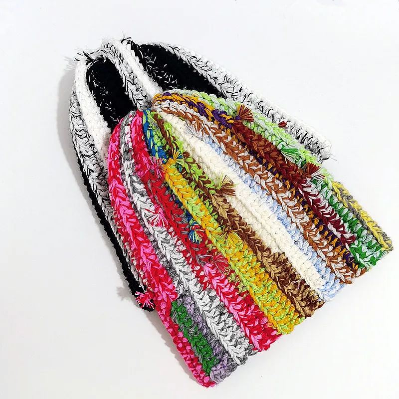 Gorro de lana hecho a mano de color dopamina para mujer, gorro grueso y cálido de Hip-hop para otoño e invierno, jersey para el frío