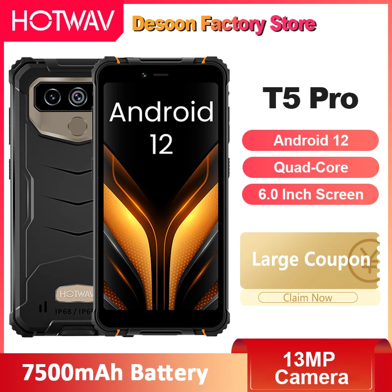 

HOTWAV T5 Pro 4G Rugged Smartphone 6.0 Inch Screen Quad-Core Android 12 4GB+32GB 7500mAh Battery 13MP Camera Cellphone