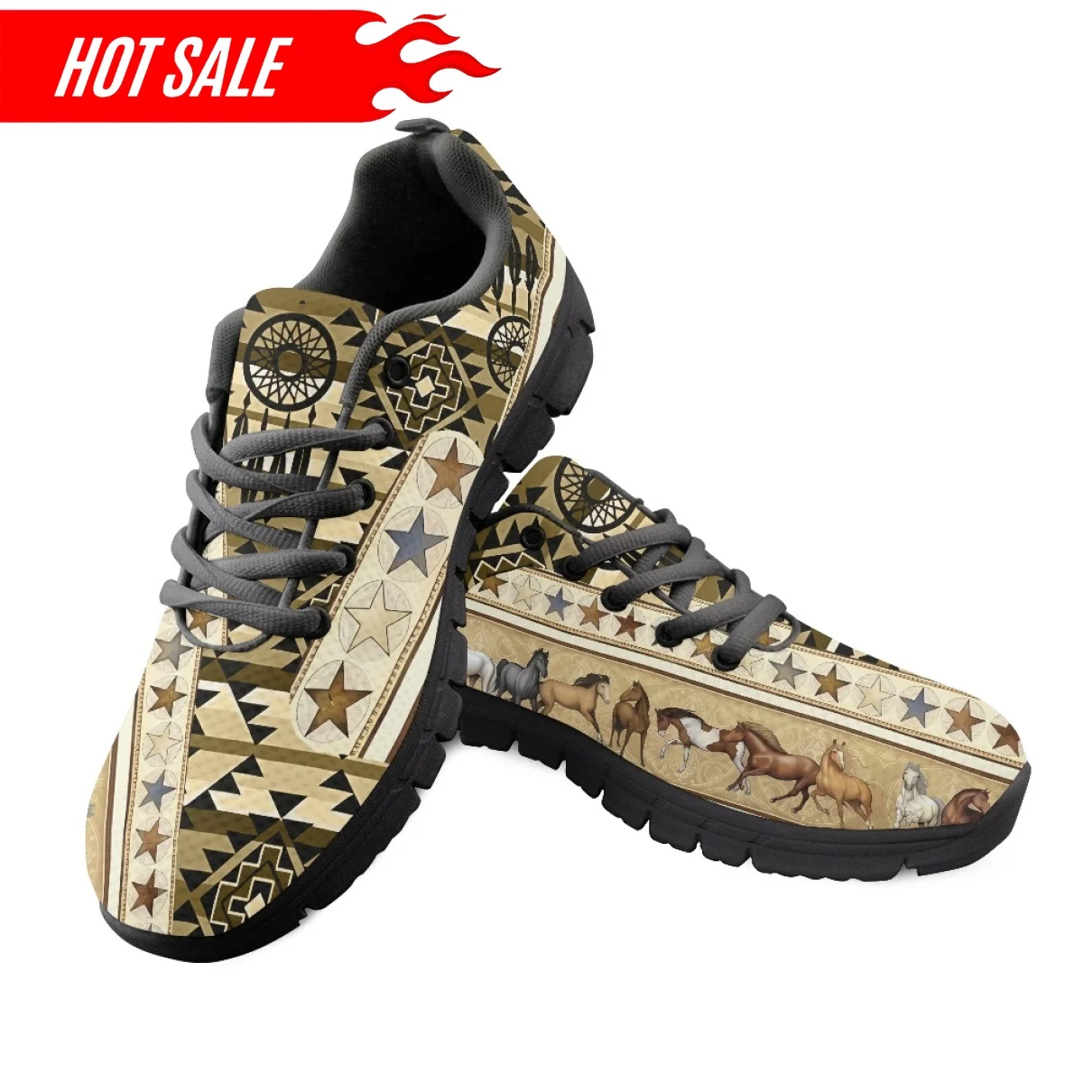 Women's Non-Slip Flats Shock Absorption Running Sneakers Tribal Aztec Design Ladies Mesh Shoes Dirty Resistant Sport Footwear