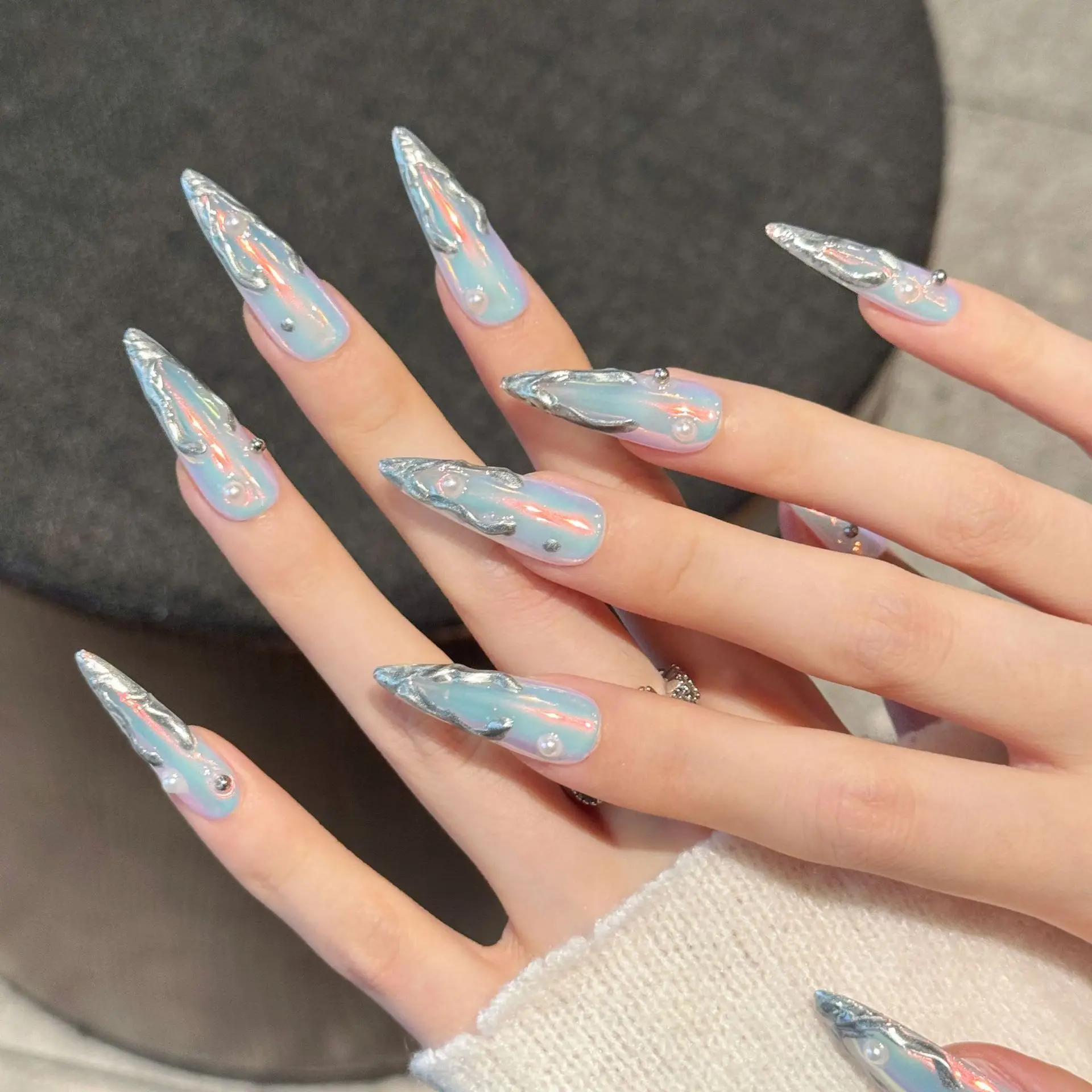 10pcs Silver Aurora Long Stiletto Fake Nails Metal Edge Design Punk Style Handmade Press On Nails Spicy Girl Wearable False Nail