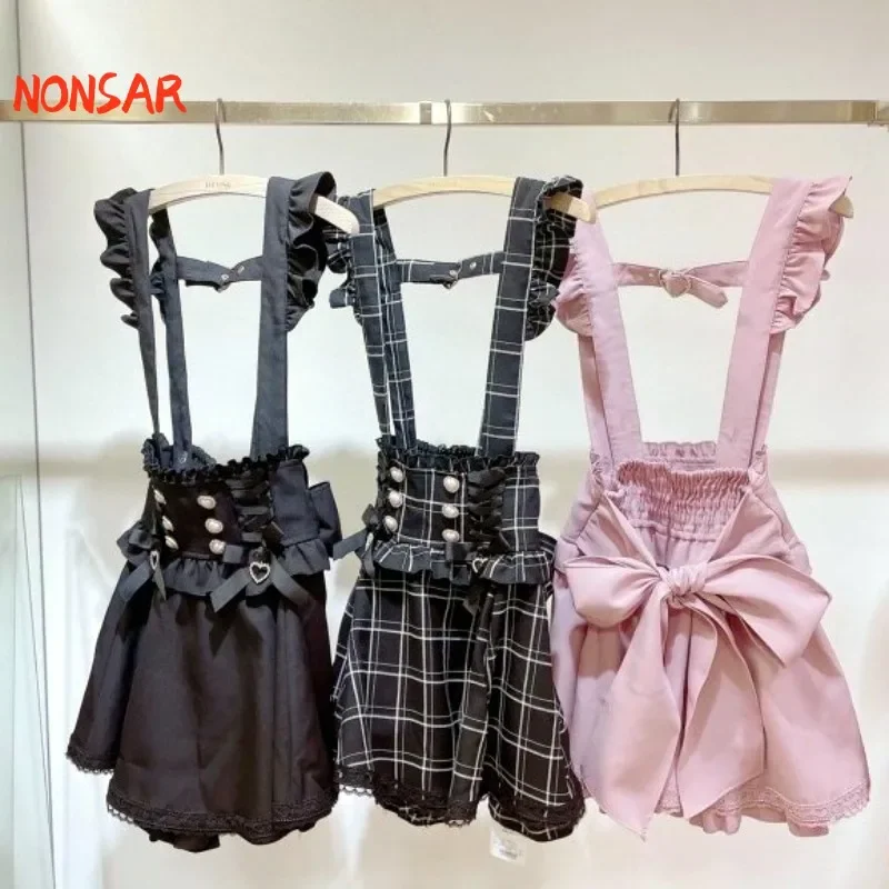 

NONSAR Retro Lolita Suspender Skirts for Women Cute Bow Ruffles Bandage Slim Lolita Plaid Black Skirt Summer Sweet Kawaii Skirts