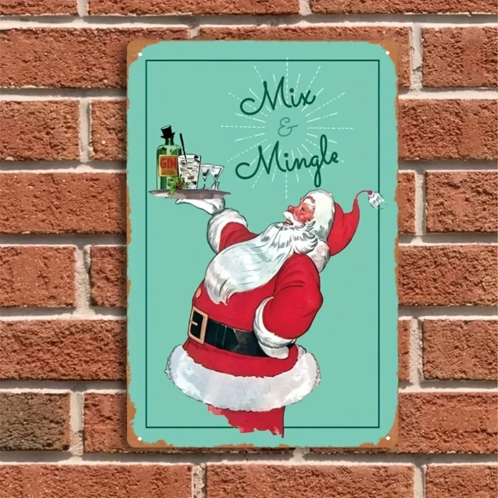 قطعة واحدة من لافتة سانتا المعدنية العتيقة "ميكس آند مينغل" ثنائية الأبعاد - فن جداري متين لعيد الميلاد، مثالي للمنزل/البار والمقهى/المرآب/الفناء