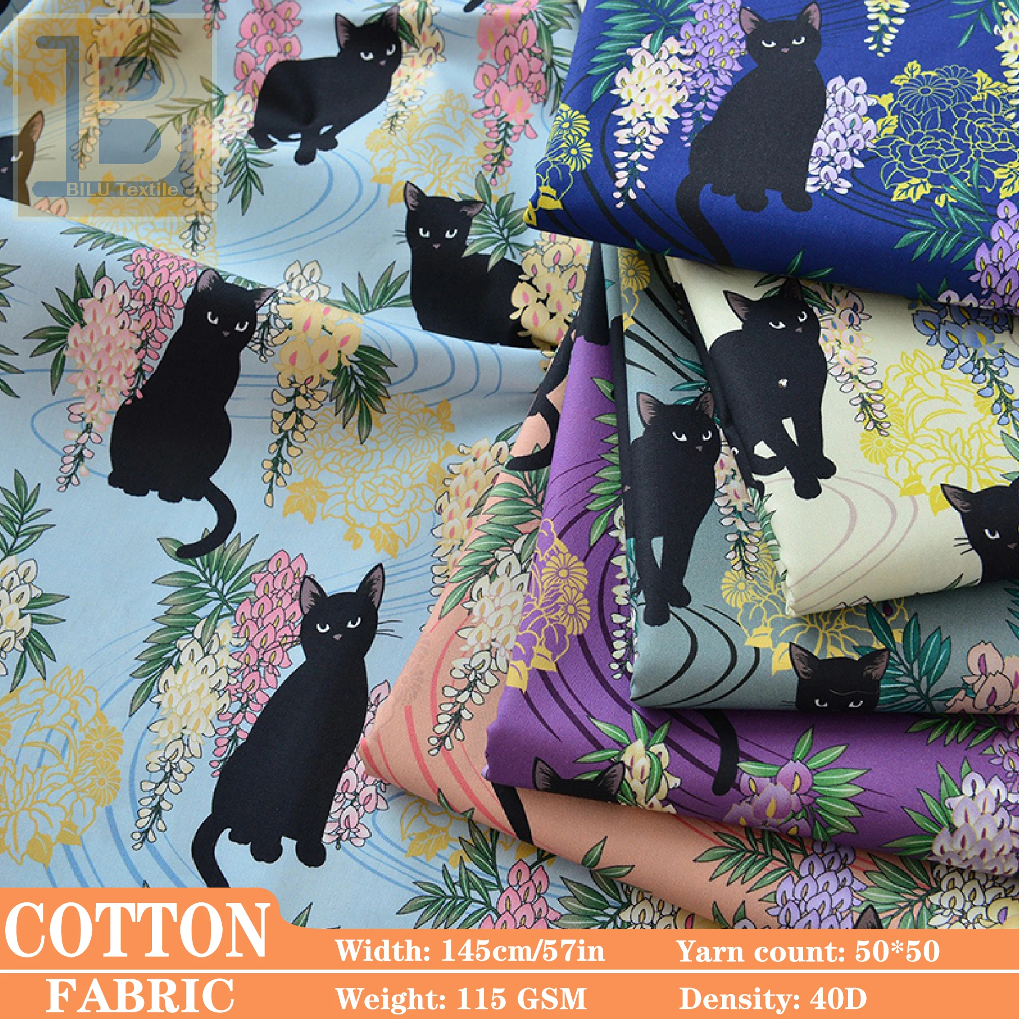 

100%Cotton Fabric, Quilt Gate Hyakka Ryoran Neko Cats and Wisteria Combed Cotton for Dresses DIY Sewing Designer Cloth(by Meter)