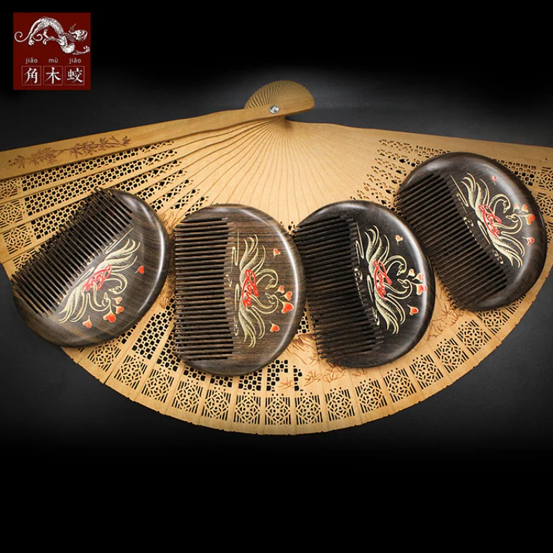 Horned Dragonfly Hand-painted lacquer comb made of precious wood, massage and hairdressing comb, handcrafted