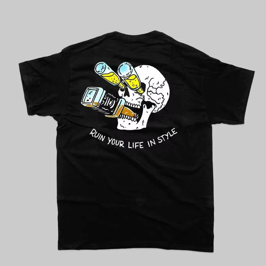 

Drunkard Skull Print American Harley Vintage Cotton Print Short Sleeve Men's and Women's T-shirt FE13 Motorcycle T-shirt