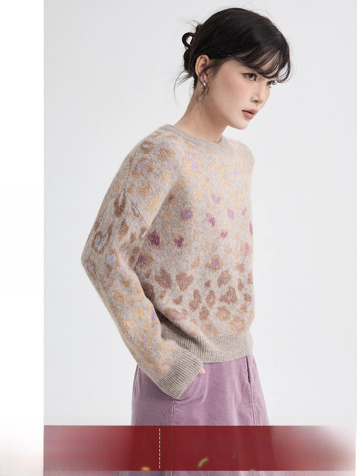 

Gradient Fleece Leopard Print Sweater Women's Casual Style Knitted Top Purple Grey Color Block Shoulder Design Short Length
