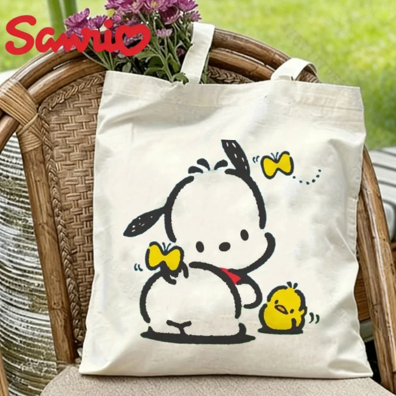

1PC Kawaii Sanrio Pochacco with Chick & Butterflies Canvas Tote Bag Eco Reusable Shopper
