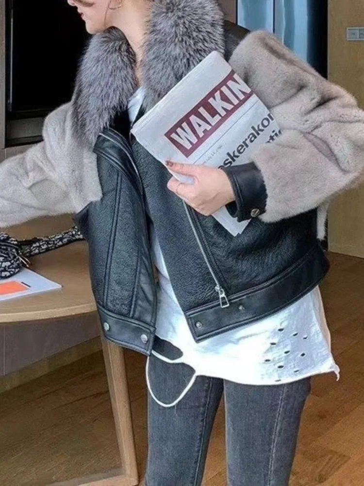 UCXQ Fashion Faux Fur Coat European Style Contrasting Color Splicing PU Loose All Match Tide Women\'s Jacket 2024 Autumn Winter