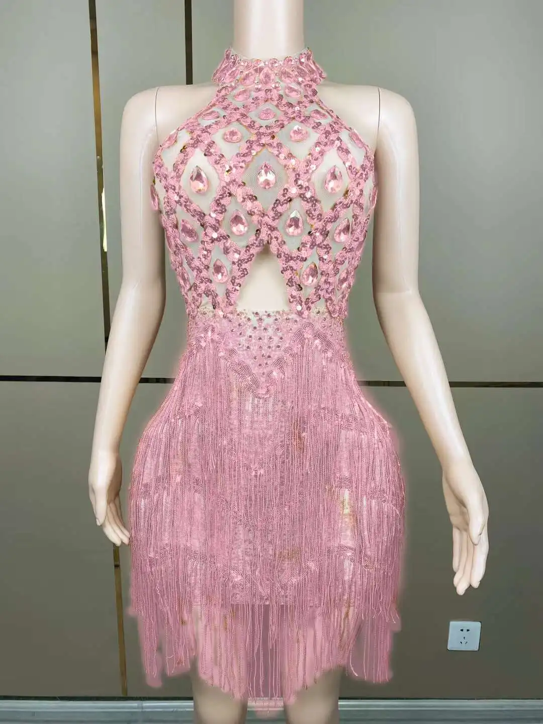 Nueva moda Sexy 10 colores flecos plata diamantes de imitación perlas vestido transparente mujeres DanceShowCostume traje de fiesta de cumpleaños vestido