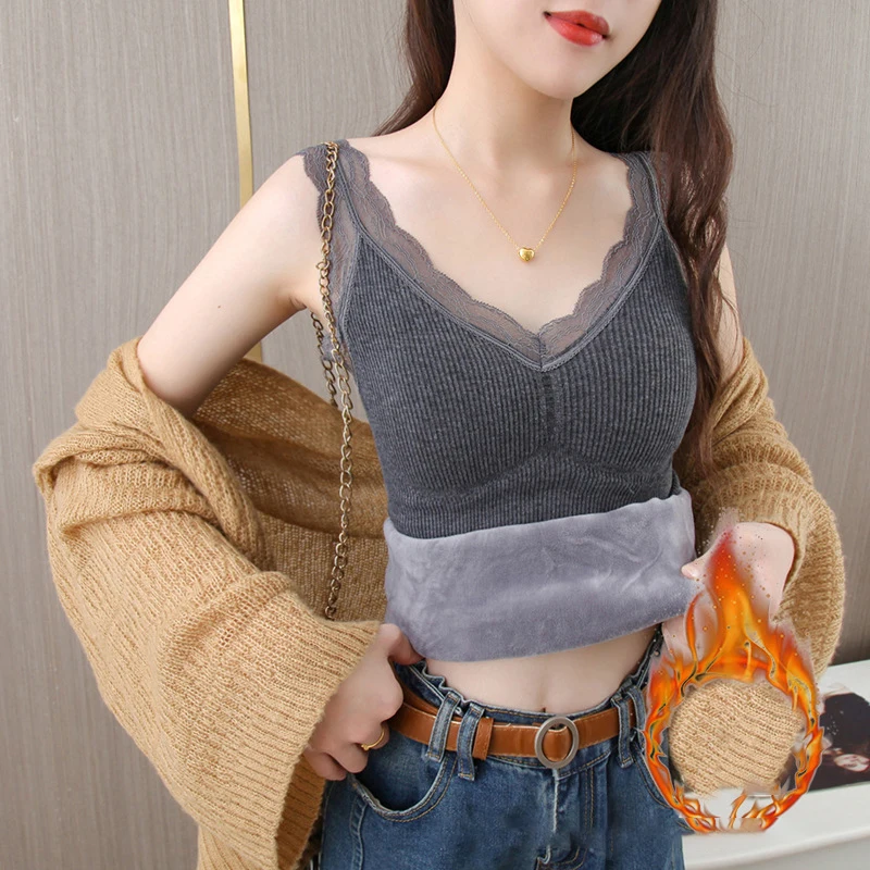 Women Winter Slim Cozy Thermal Underwear Camisole Warm Sling Vest Undershirt Intimate Lace Thermo Lingerie Bottoming Vest