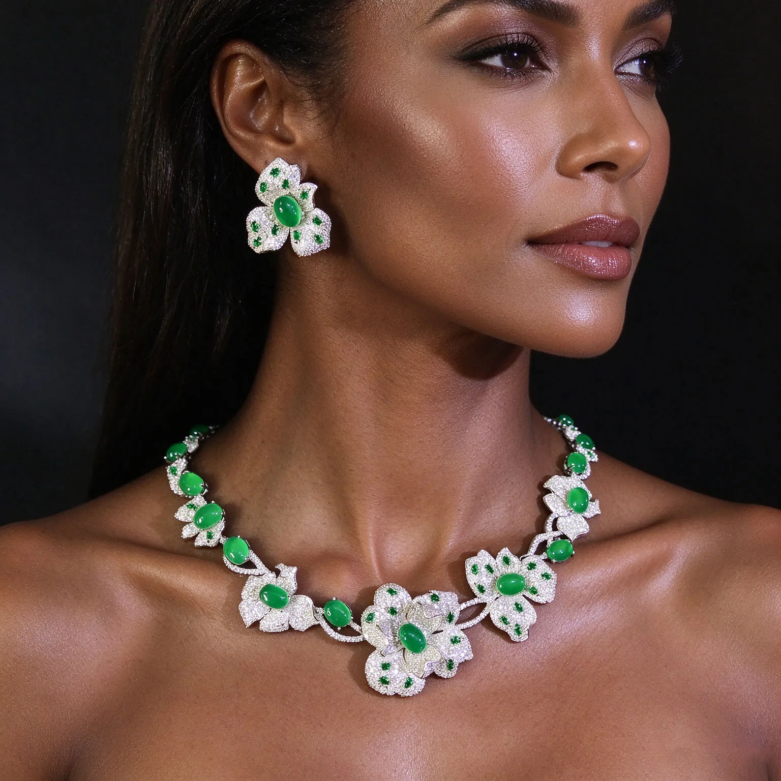 Popular Exquisite Green Flower Necklace and Earring Set Suitable for Wedding Bridal Party Zircon Jewelry Birthday Gift M-1170