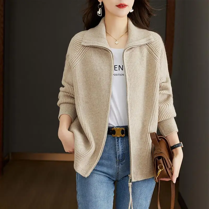 여성용 턴다운 칼라 긴팔 스웨터, 하이 스트리트 지퍼 패치워크 카디건, 우아한 상의, 단색, 가을, 겨울, 신상