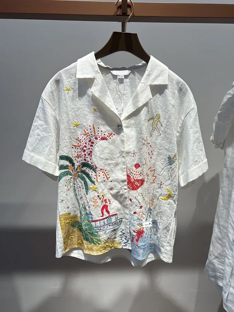 

Sweet Sle Loose Fit ort Sve Collar Embroidered White irt Women's Summer New Arrival NB&UR Fun Beadwork Patchwork