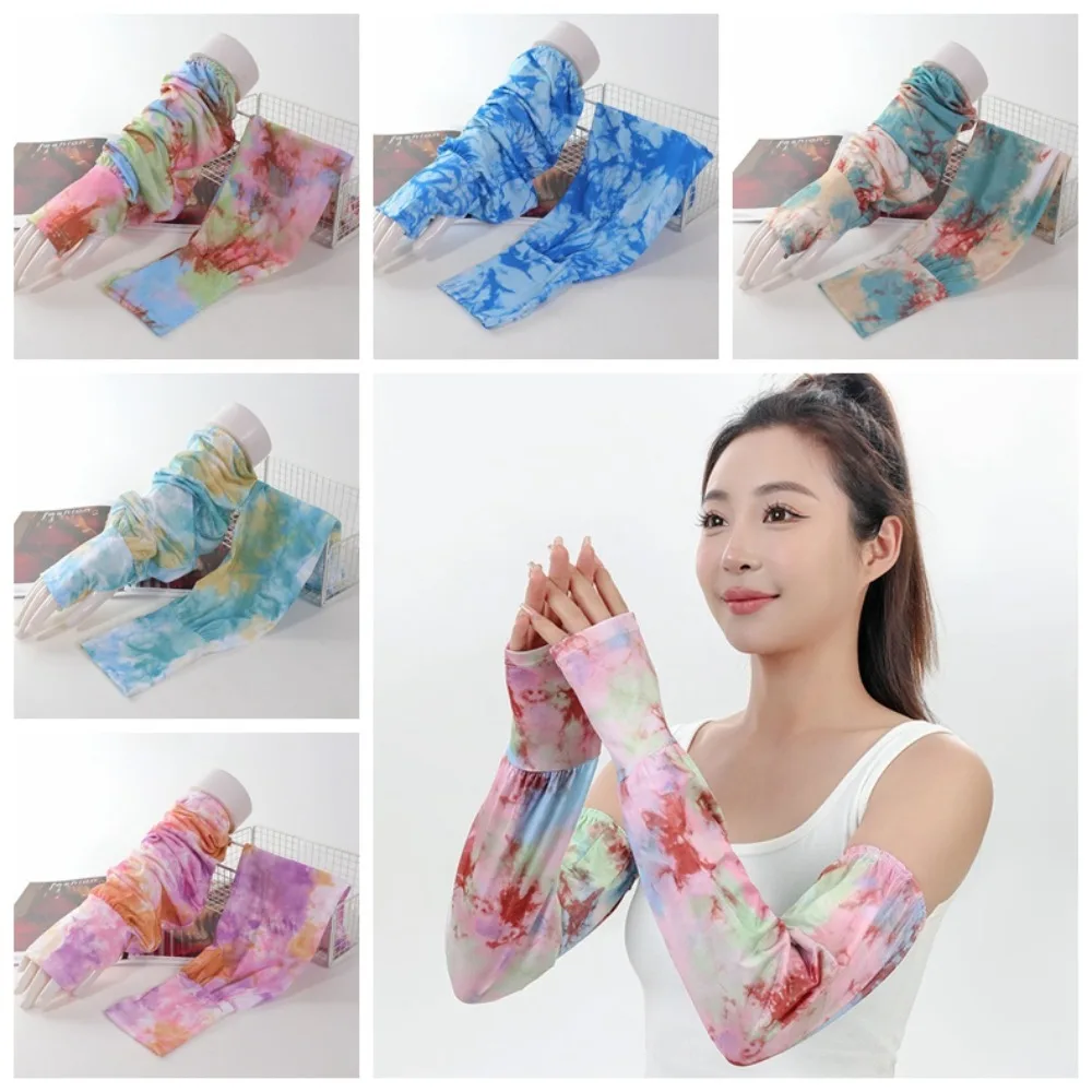 

Cute Tie Dyeing Long Ice Silk Sleeves Ethnic Style High Elastic Sunscreen Arm Covers UV Insulation Thin Cycling Gloves Summer