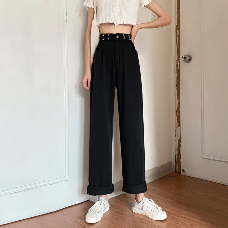 

Широкие джинсы с высокой талией, женские прямые свободные брюки длиной до пола, осенние модные утягивающие универсальные джинсовые брюки