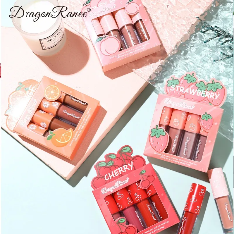 4 ชิ้น/เซ็ต Mini Velvet Matte Lip Gloss Non-Stick Cup ลิปสติก Long-Lasting Fruit Scented Lip Tint Lip Glaze Lips แต่งหน้าเครื่องสําอาง