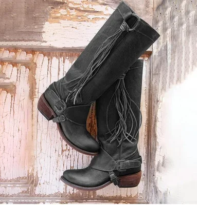 Gladiator Boots Women Vintage Shoes Women Tassel Over Knee Casual Boots Fashion Round Toe Knight All Match Buckle Ring 2021