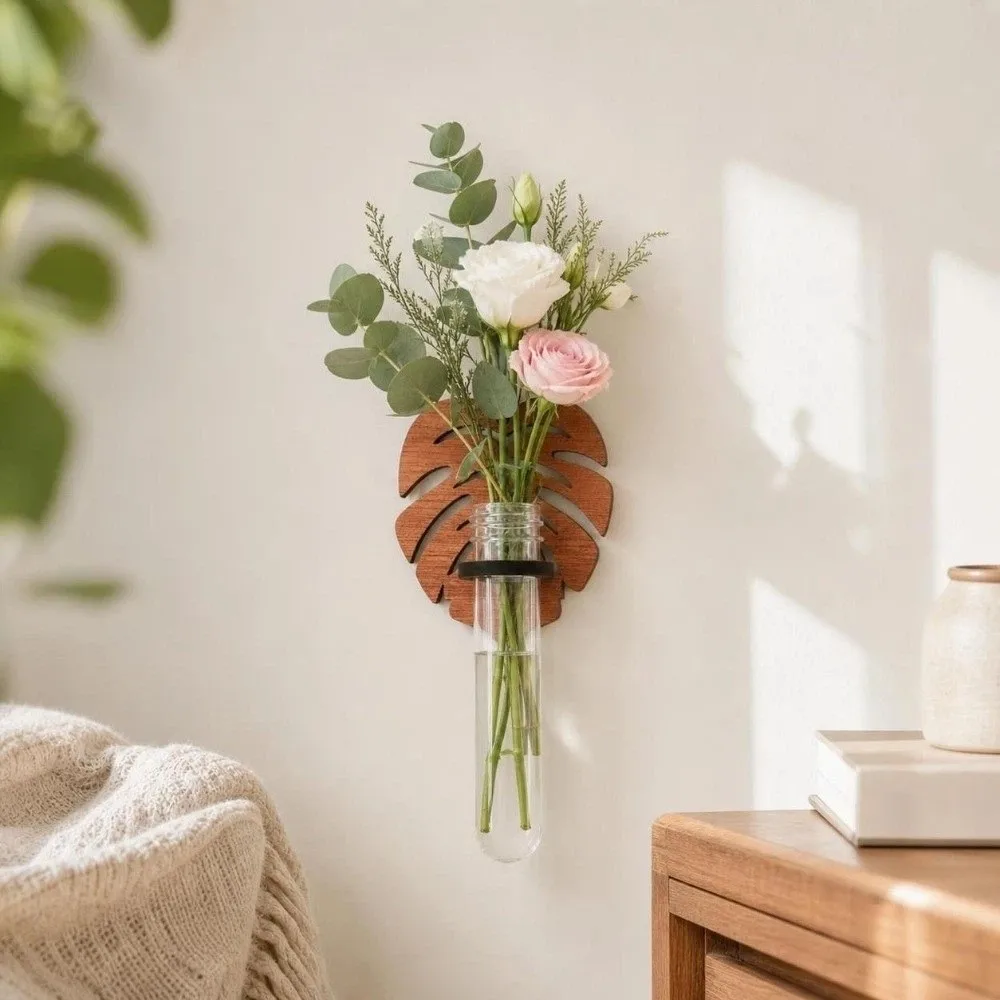 Flower Holder Wooden Hydroponic Planter Shelf Vase Leaf Shape Wall Mounted Planter Retro Cloud Flower Pot Home Decor
