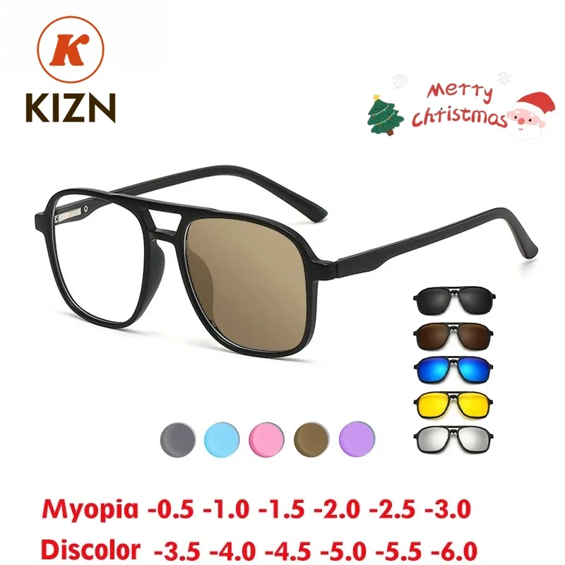 

KIZN очки для близорукости, большая обесцвеченная чайная оправа 6 в 1, мужские и женские поляризационные магнитные солнцезащитные очки на клипсе по рецепту -0,5 до -6,0