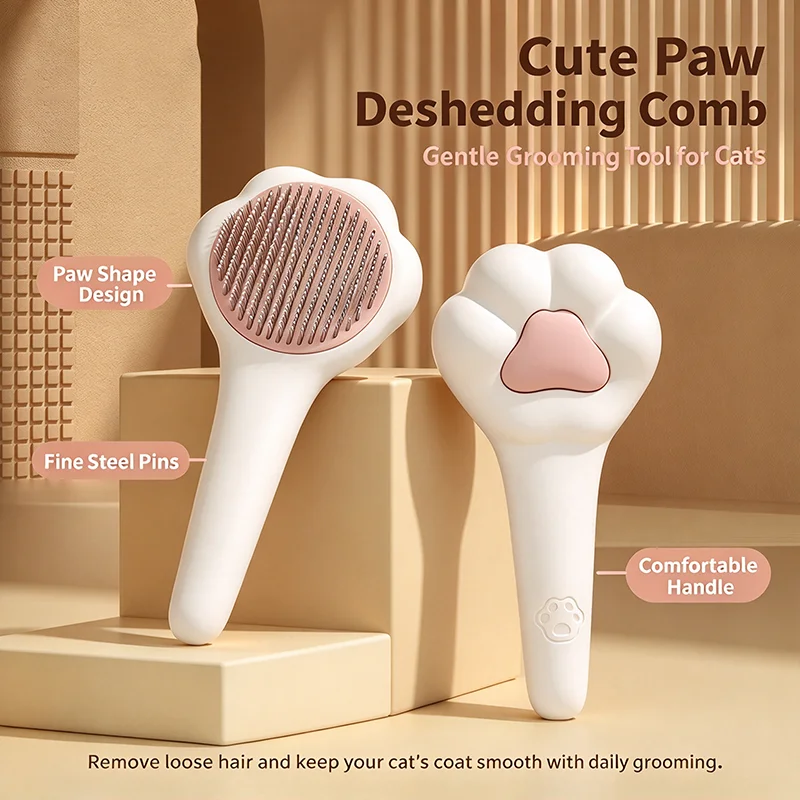 Paw Shape Pet Grooming Comb Cat Hair Remover Flea Comb Release Button Cute Paw Shape Massage Brush Hair Removal Tool for Cats