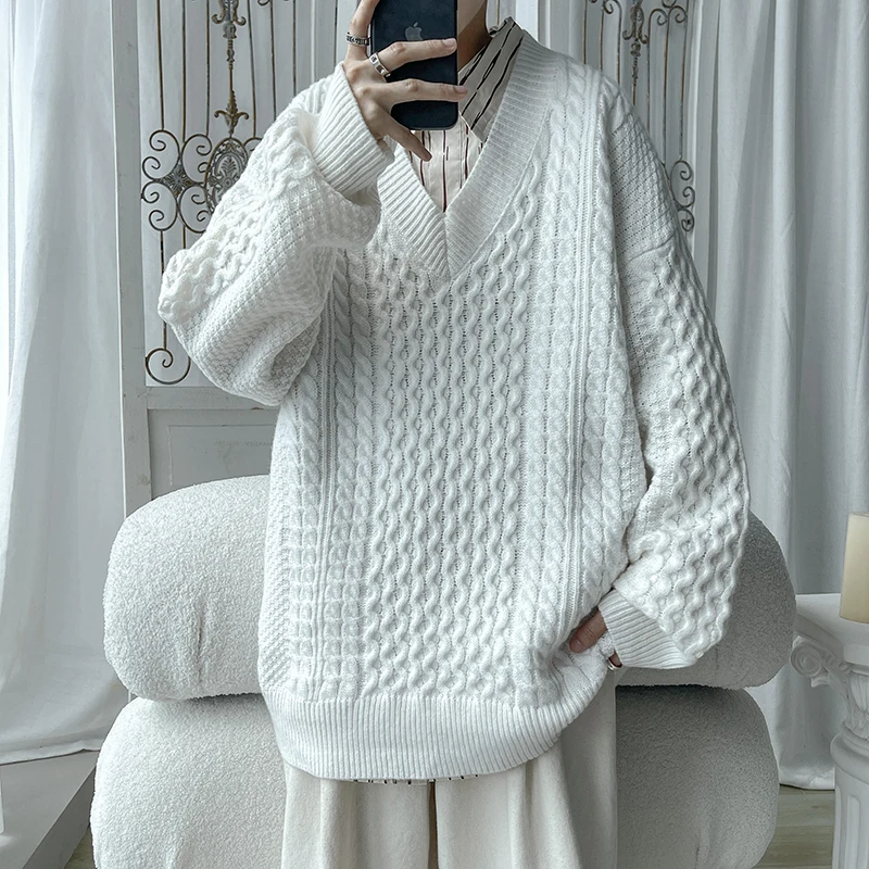 Winter Sweater Men Warm Oversized Casual Knitted Pullover Men Korean Loose V-neck Long Sleeved Sweater Mens Jumper Clothes