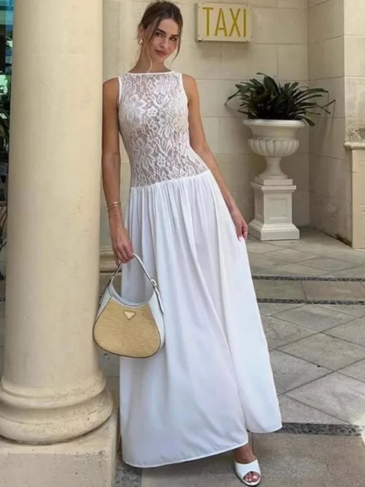 

Sexy Women Round Neck Printed Flower Slim Long Dress Fashion Solid Sleeveless Pleated Hem Robe 2025 New Lady Party Vacation Wear