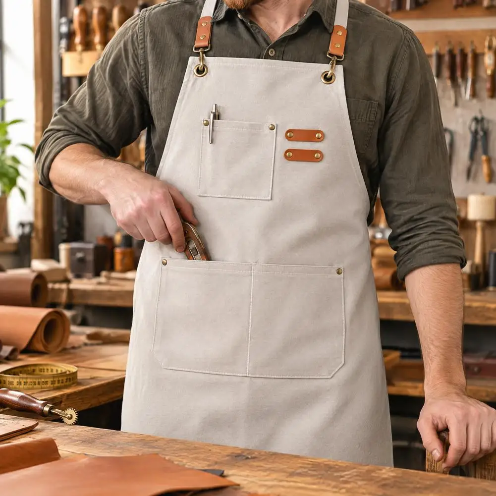 Canvas Work Apron With Multi-Pocket, Waterproof Oil-Proof Cross-Back Apron, Adjustable Straps Protective Apron For Kitchen