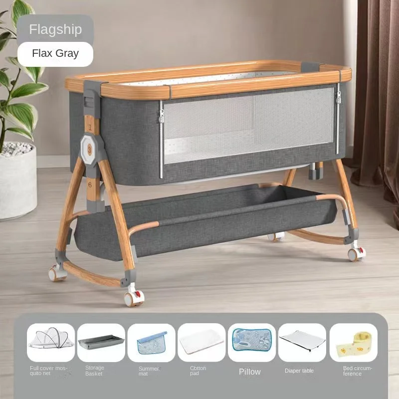 Wood Grain Baby Crib Bed with Silent Universal Wheel Adjustable Height Mobile Multi-functional Baby Cot Folding Splice Bed